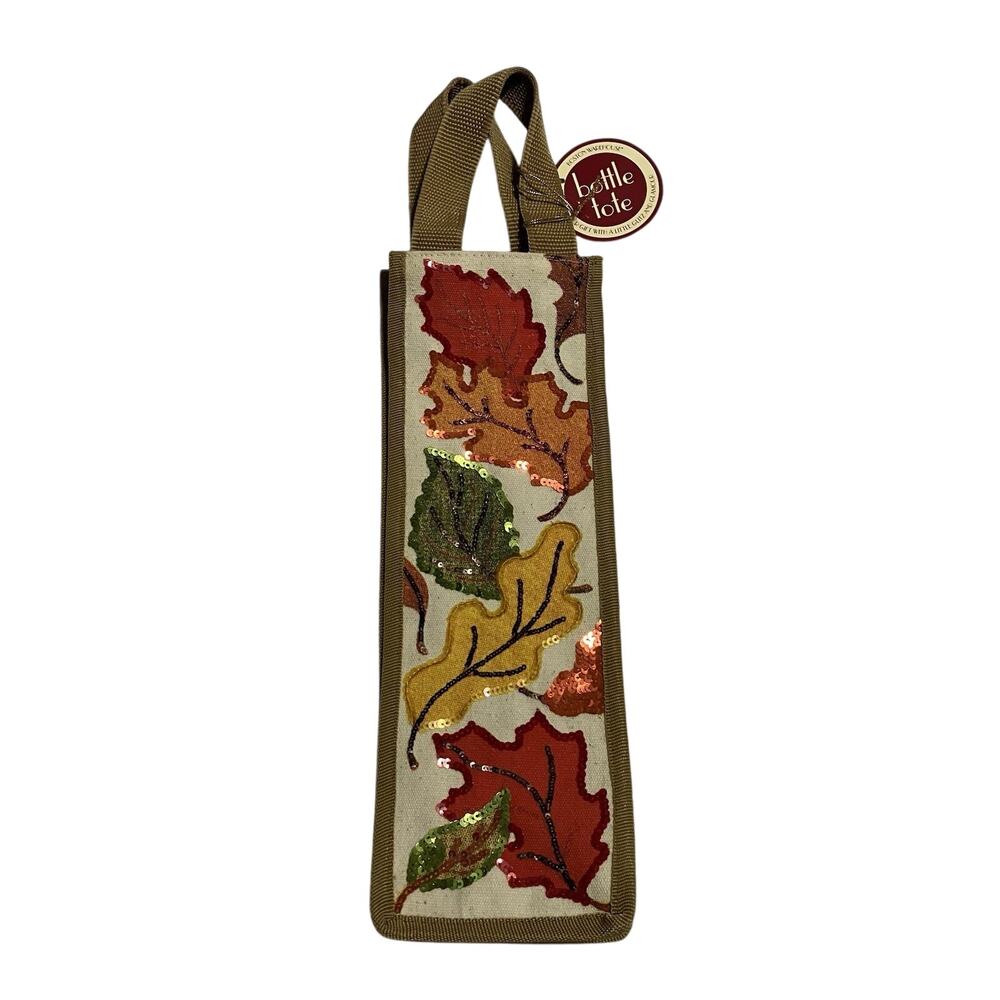 Boston Warehouse Canvas Bottle Wine Tote Gift Bag Fall Leaves with Sequins NWT